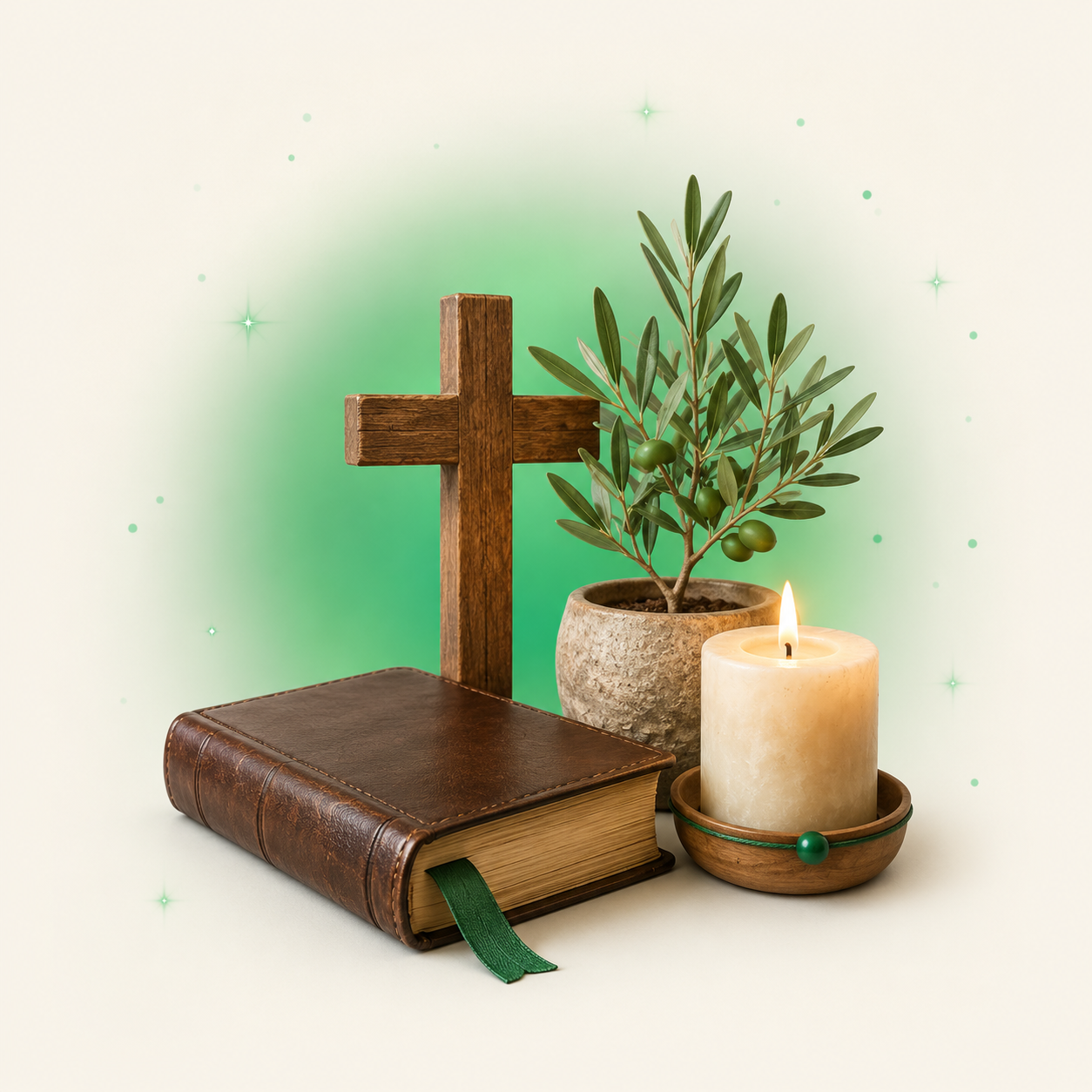 Leather-bound book, wooden cross, candle and olive plant — the Christian & Faith deal feed