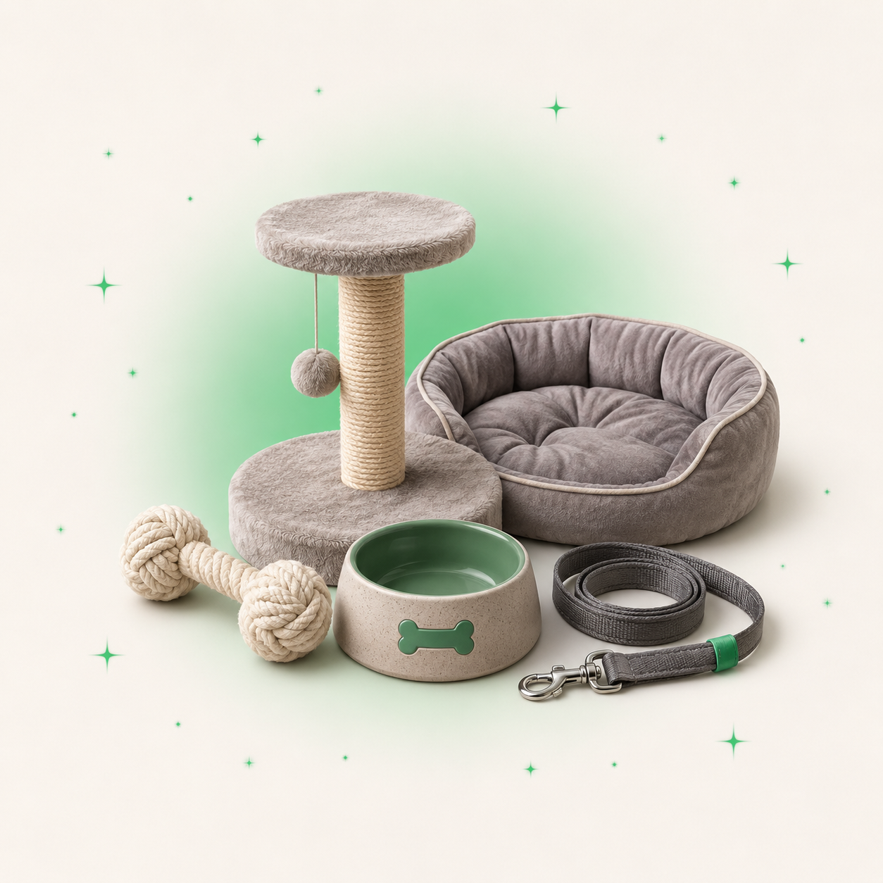 Dog toy, scratching post, food bowl and pet bed — the Pets deal feed