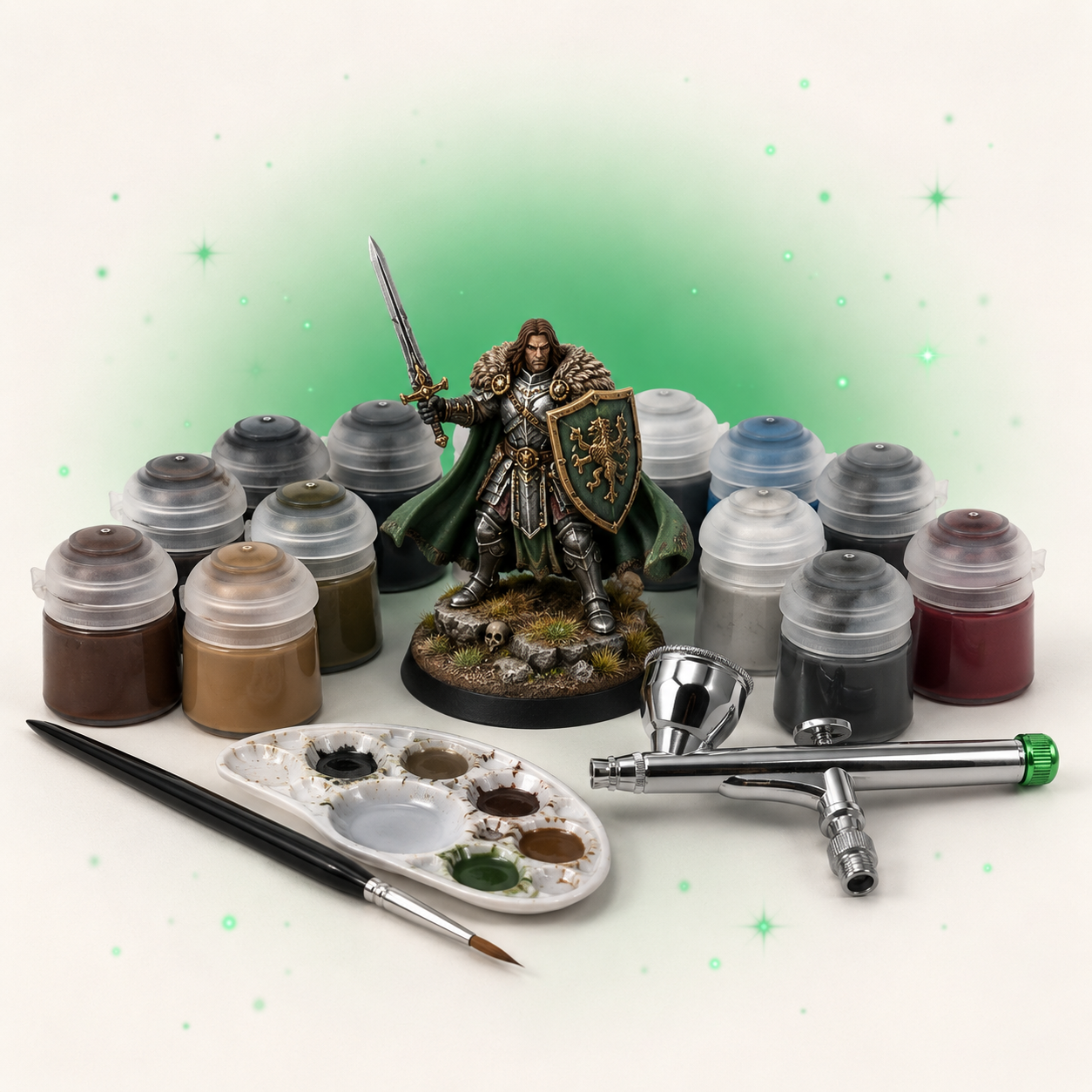 Painted miniature, paint pots, detail brush and airbrush — the Tabletop & Miniatures deal feed