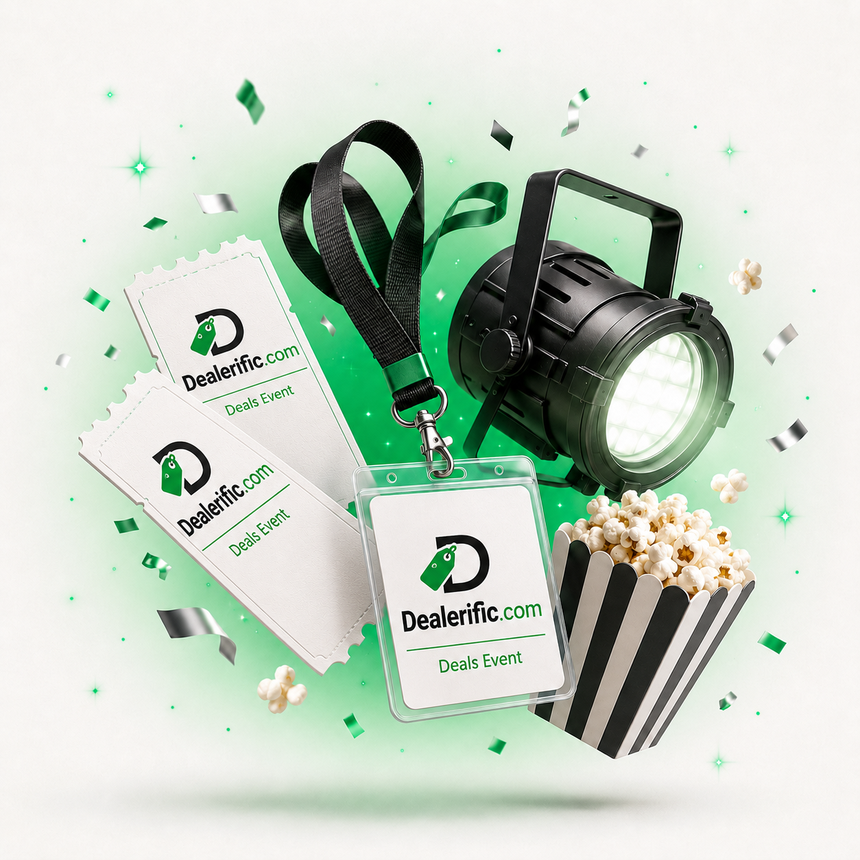 Event tickets, lanyard pass, stage spotlight and confetti — the Tickets & Events deal feed