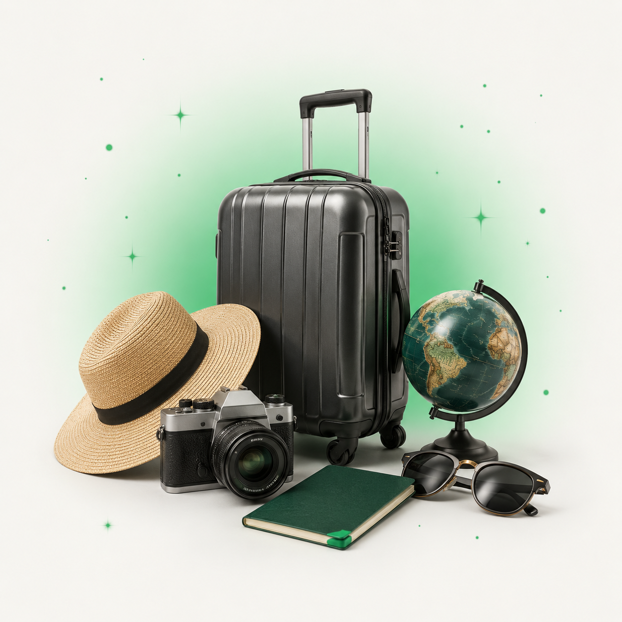 Rolling suitcase, camera, sun hat, passport and globe — the Travel & Vacations deal feed